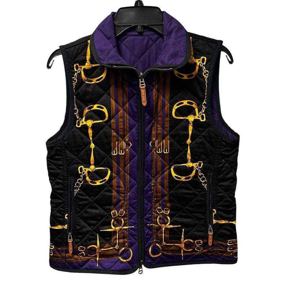 Lauren Ralph Lauren Black Purple Equine Reversible Quilted Zip Up Vest Small